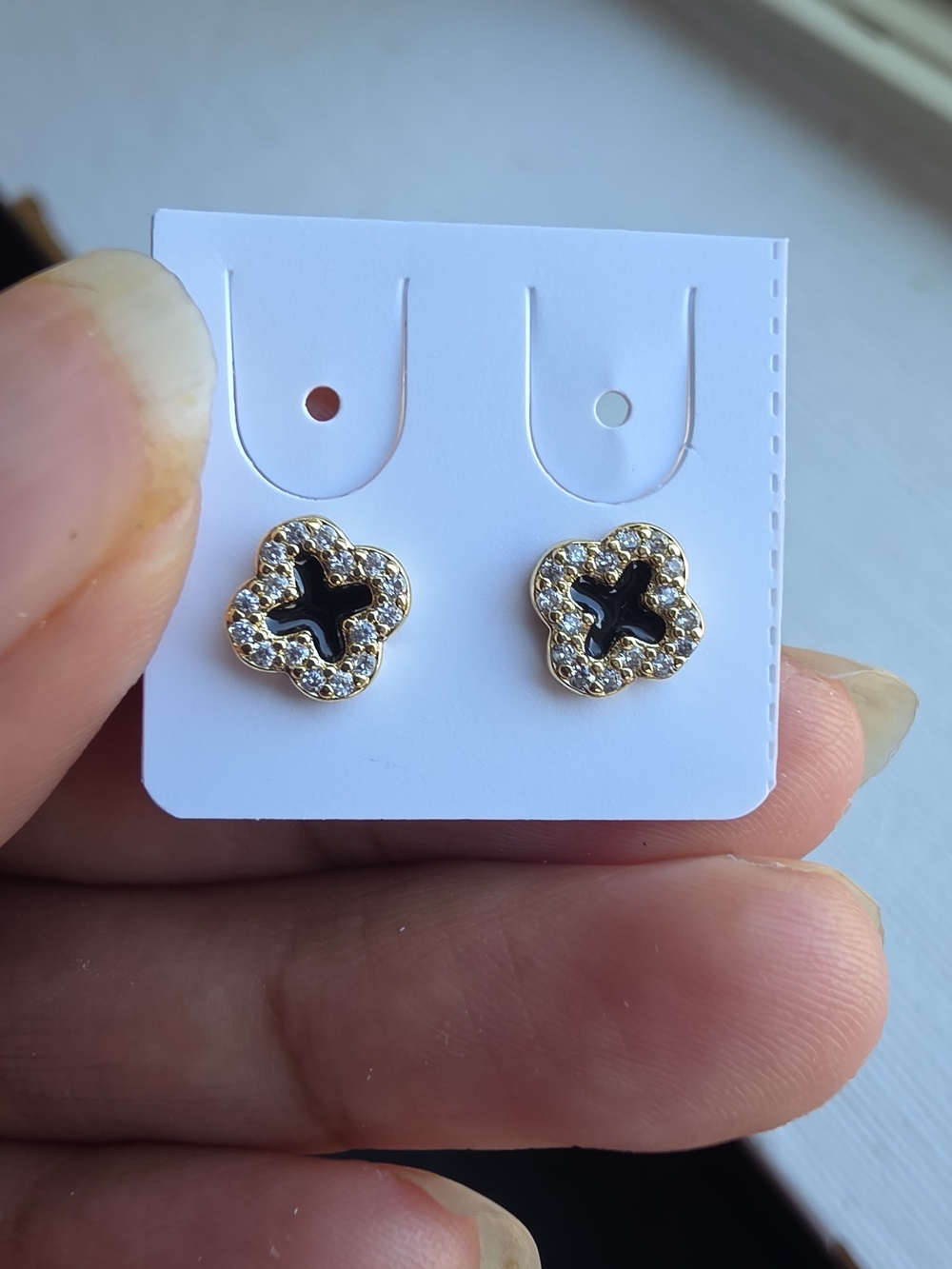 Gold-Tone Black & Crystal Clover Stud Earrings